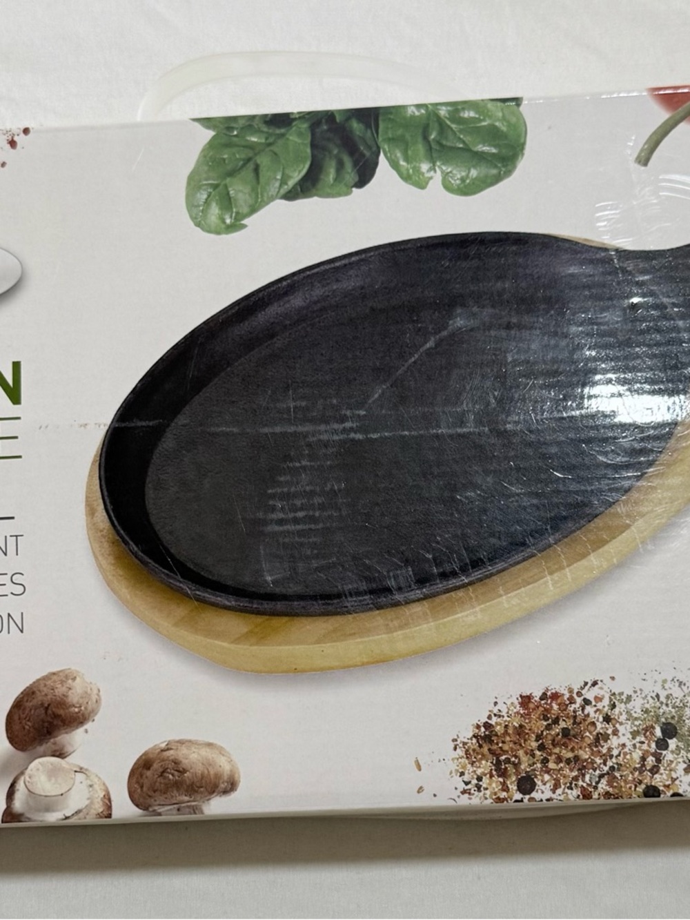 Antonino Collection Iron Fajita Pan Set Wooden Serving Base NEW In Box